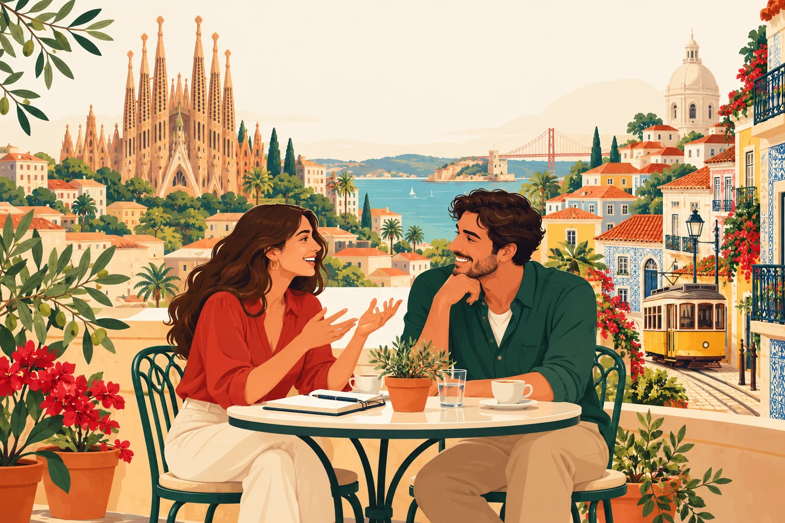 Ilustracja rozmowy przy kawiarnianym stoliku na tle Barcelony i Lizbony