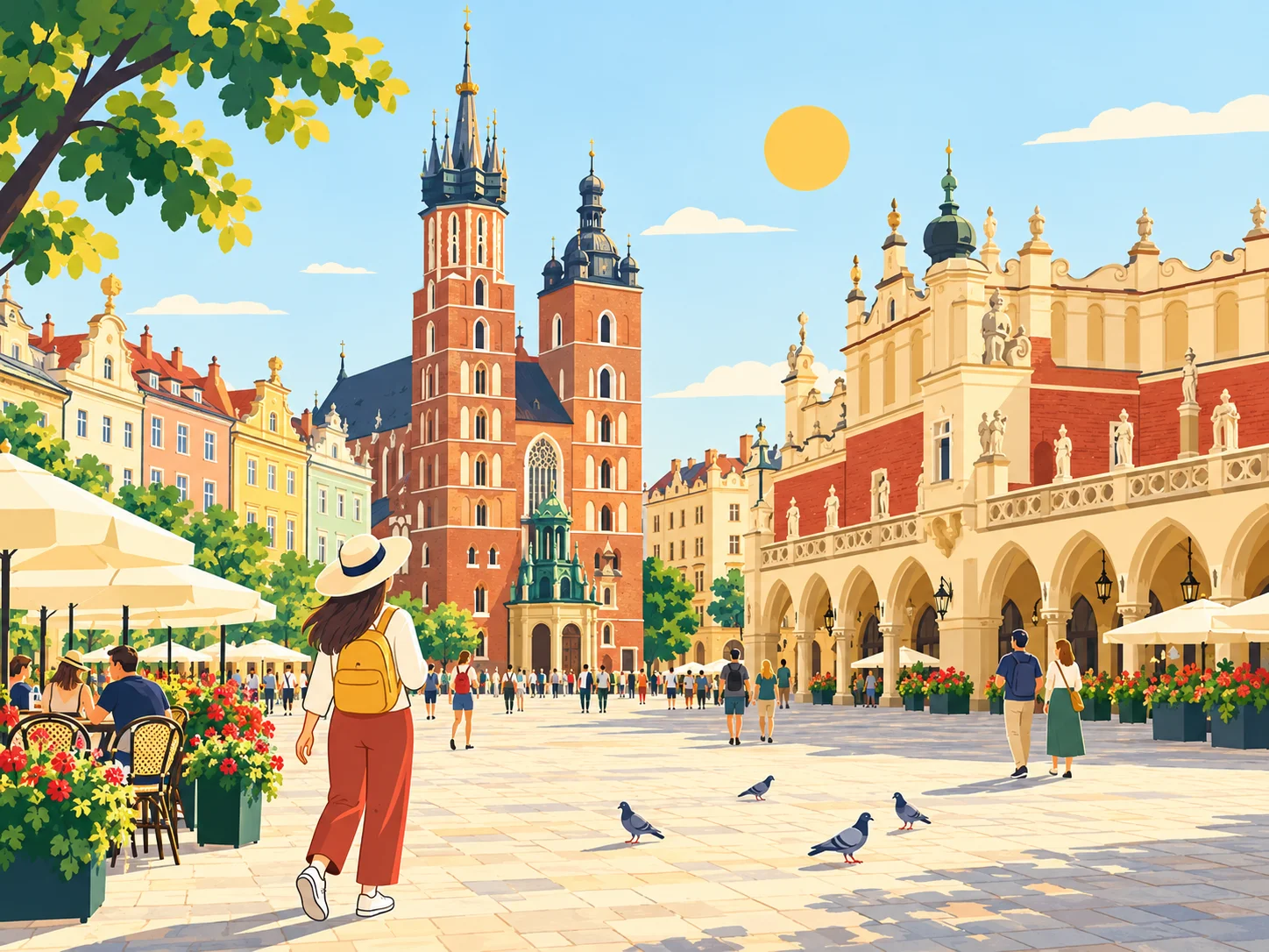 Ilustracja krakowskiego Rynku Głównego z Sukiennicami i kościołem Mariackim